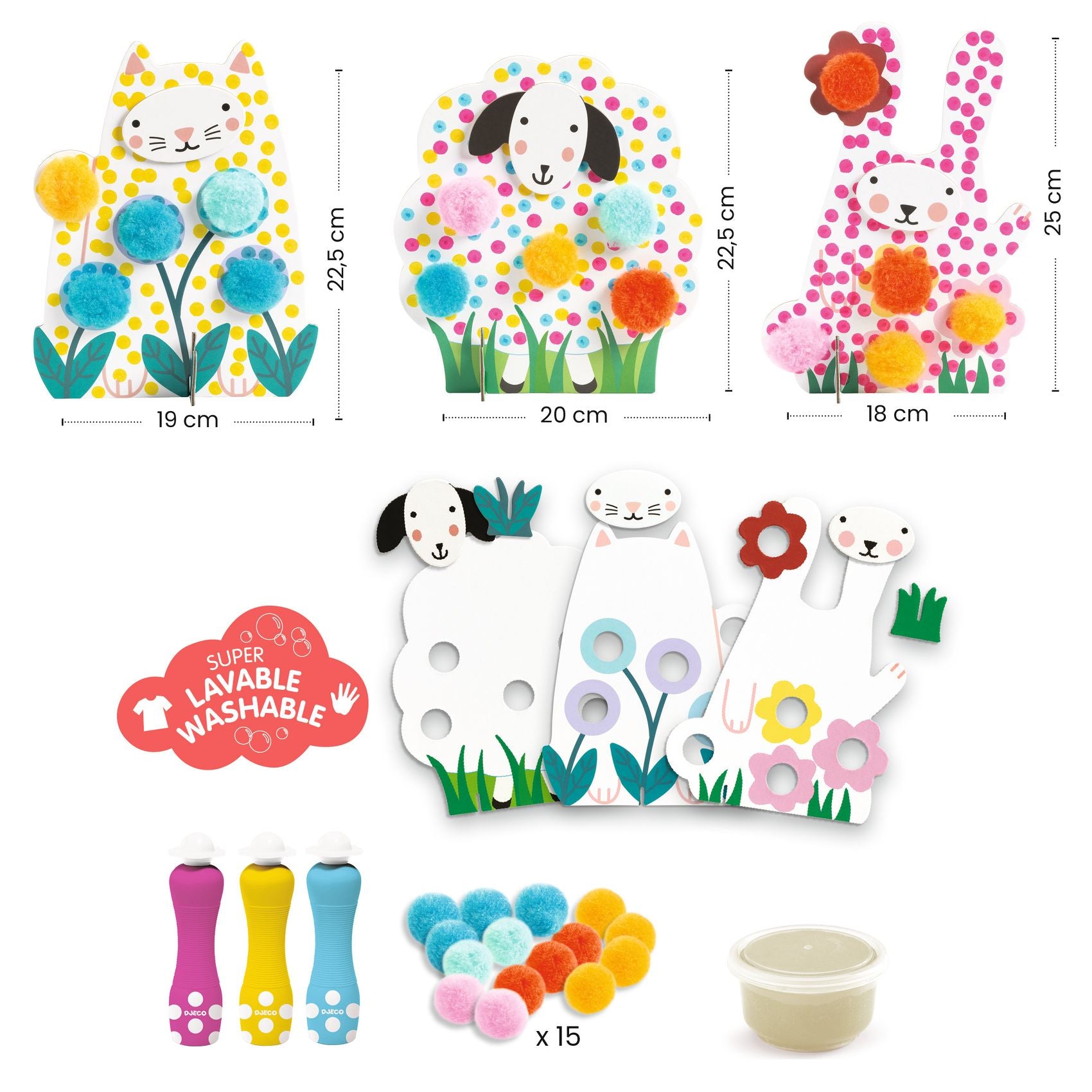 Ensemble des pièces et dimensions du coffret Djeco comprenant 3 animaux en carte, 3 marqueurs peinture, 15 pompons, de la colle et des supports d'herbe.