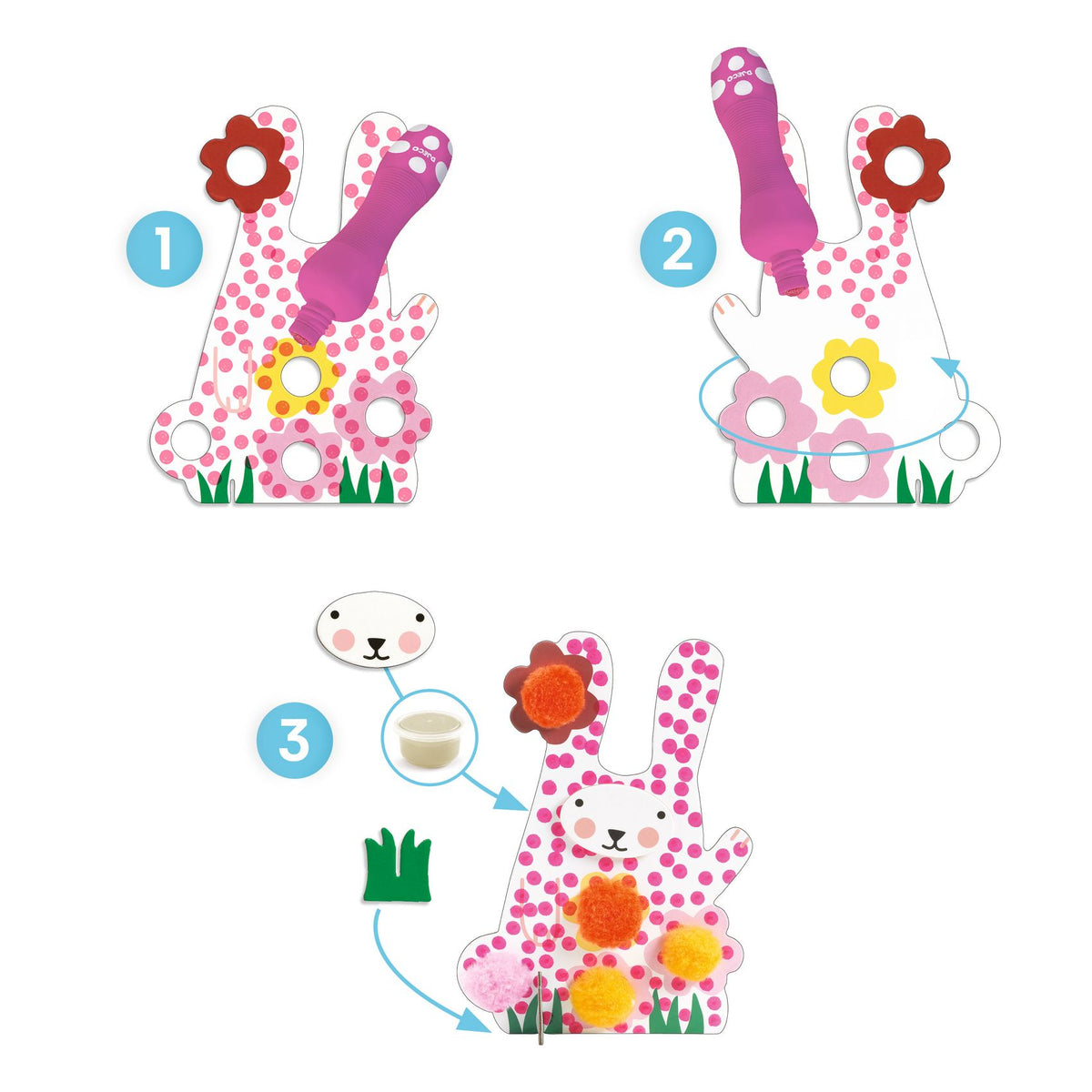 Étapes de réalisation du bricolage Djeco : application de la peinture à points, fermeture de la carte silhouette, collage des pompons et ajout des éléments.