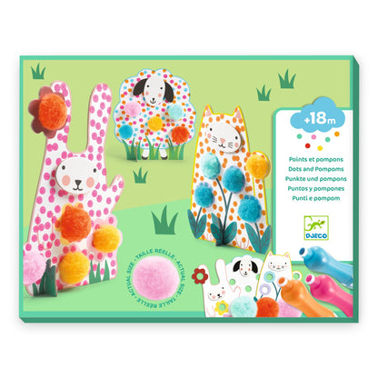Boîte du coffret créatif Points et pompons dans l'herbe de Djeco pour enfants dès 18 mois, présentant trois animaux en papier peint avec des pompons colorés.