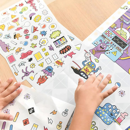 Enfant collant des autocollants amusants d'expériences scientifiques et de monstres sur le poster géant "Labo en folie" Poppik