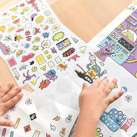 Enfant collant des autocollants amusants d'expériences scientifiques et de monstres sur le poster géant "Labo en folie" Poppik