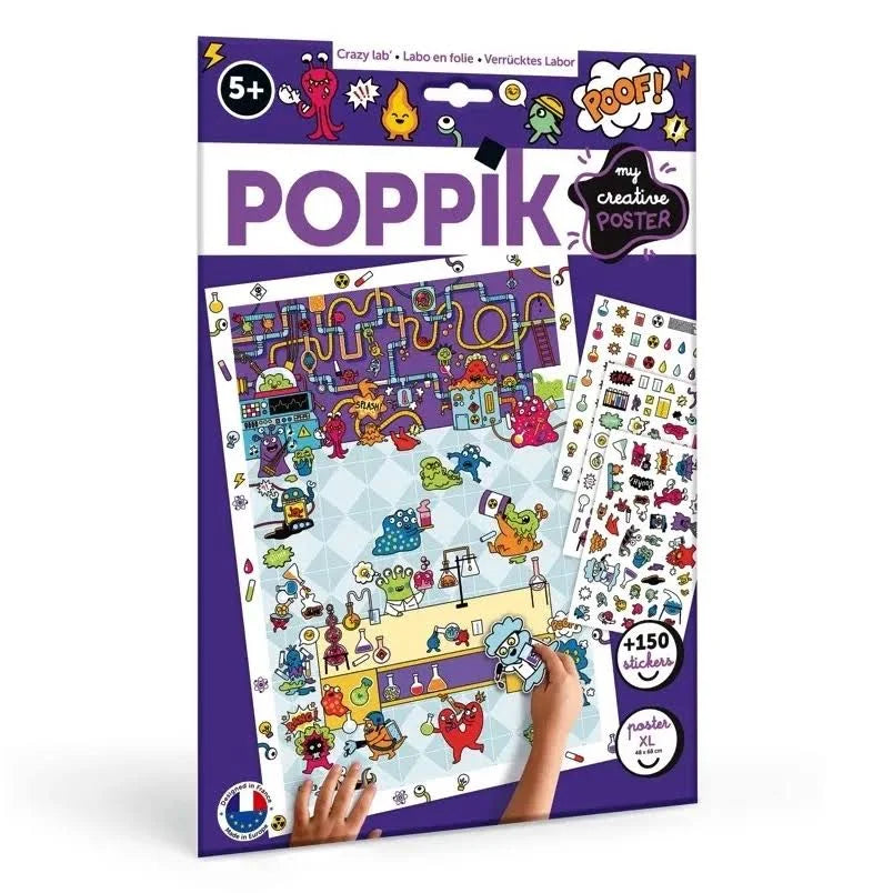 Pochette du poster créatif "Labo en folie" Poppik avec 150 autocollants repositionnables sur le thème de la science pour enfants dès 5 ans.