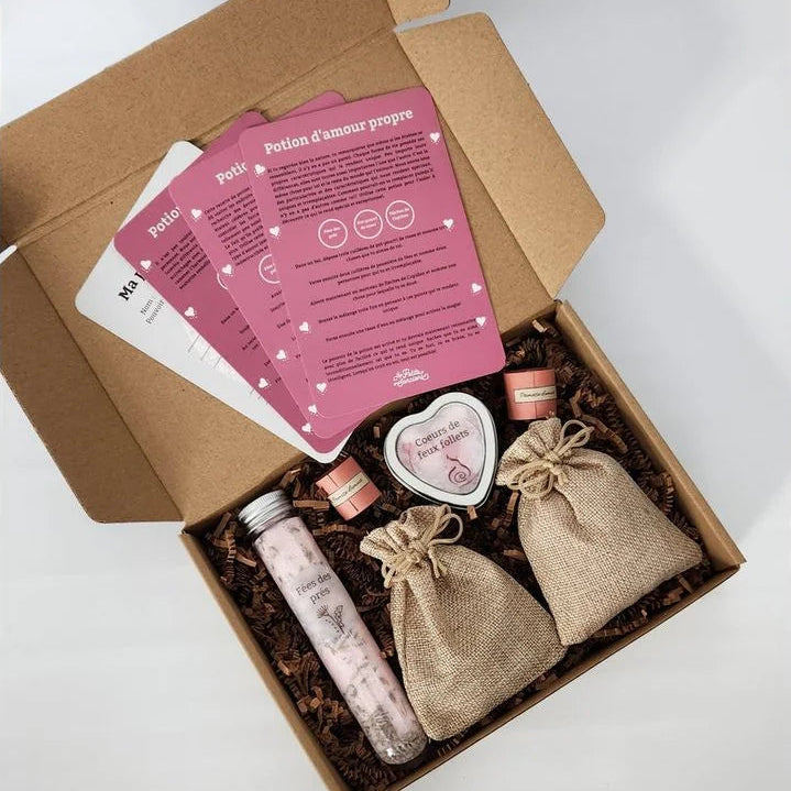 Contenu complet du kit Potions Philtre d'amour comprenant fiole magique, pipettes, chaudron, poudres et paillettes.