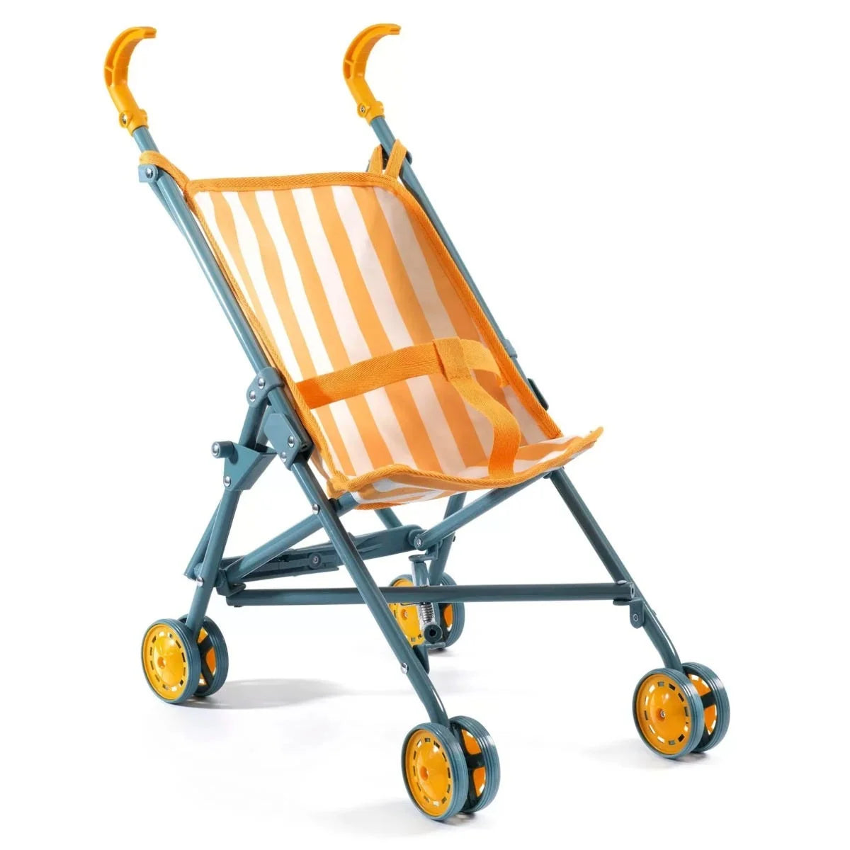 Poussette canne pour poupon Pomea Sunshine Djeco à rayures jaunes et blanches avec structure bleue.