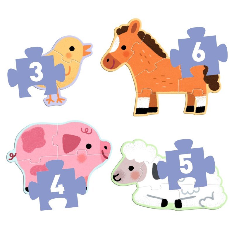 Les 4 puzzles d'animaux de la ferme assemblés : un poussin de 3 pièces, un cochon de 4 pièces, un mouton de 5 pièces et un cheval de 6 pièces, par Djeco.