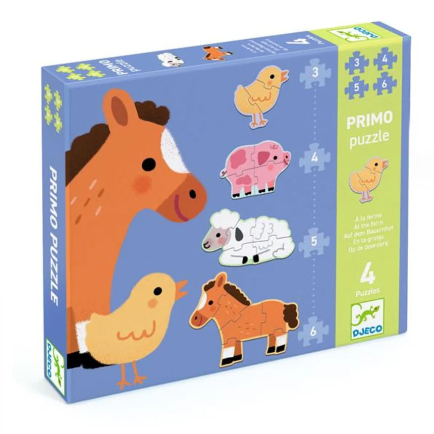 Boîte du Primo Puzzle évolutif "À la ferme" de Djeco, comprenant 4 puzzles d'animaux de la ferme de 3, 4, 5 et 6 pièces.