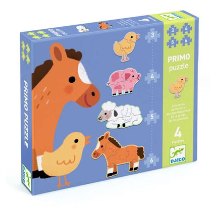 Boîte du Primo Puzzle évolutif "À la ferme" de Djeco, comprenant 4 puzzles d'animaux de la ferme de 3, 4, 5 et 6 pièces.