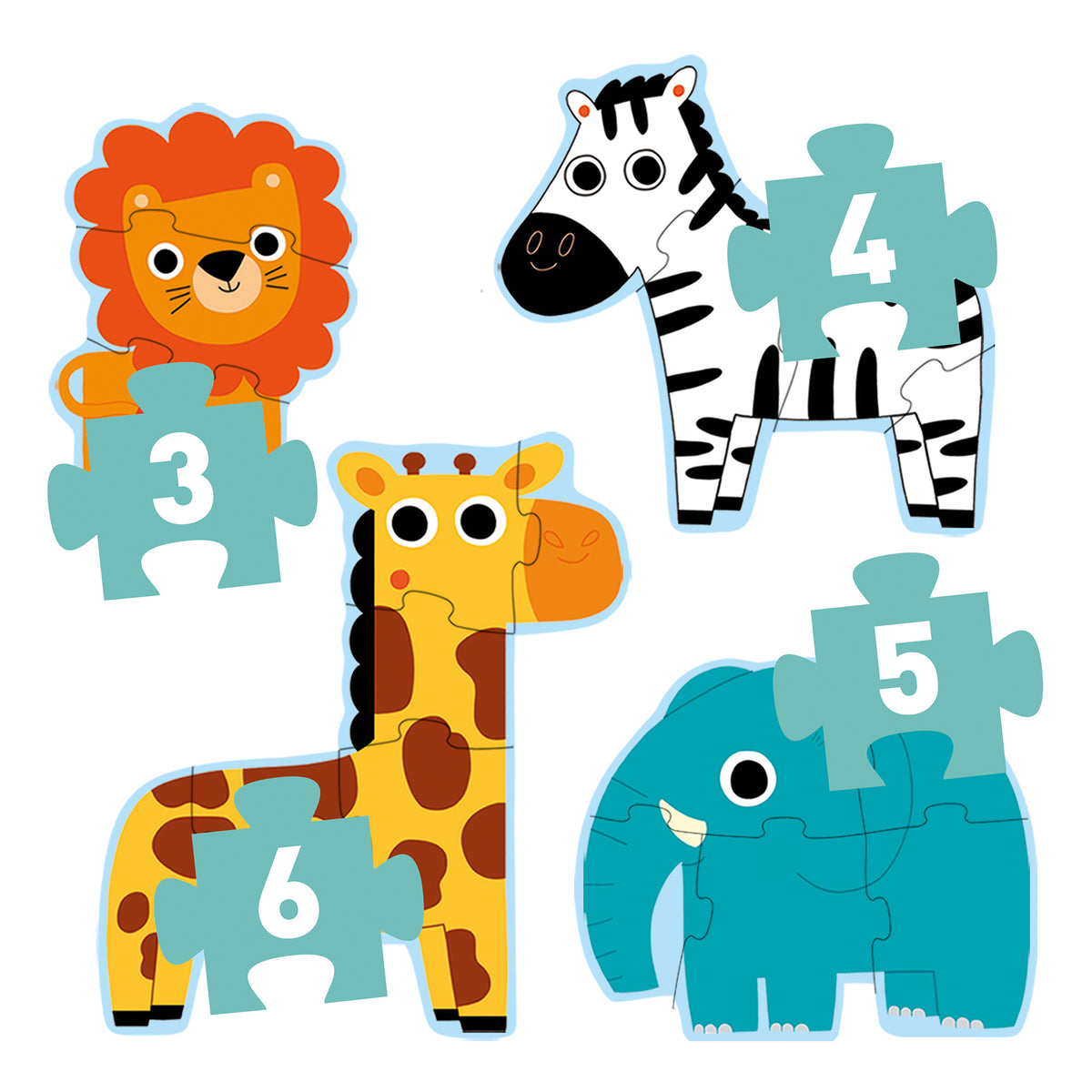Quatre puzzles évolutifs d'animaux de la jungle Djeco (lion, zèbre, éléphant, girafe) avec l'indication du nombre de pièces allant de 3 à 6.