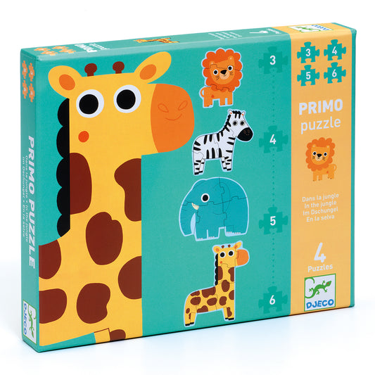 Boîte du coffret Primo puzzle Dans la jungle de Djeco présentant un gros plan sur une girafe et illustrant 4 puzzles d'animaux.