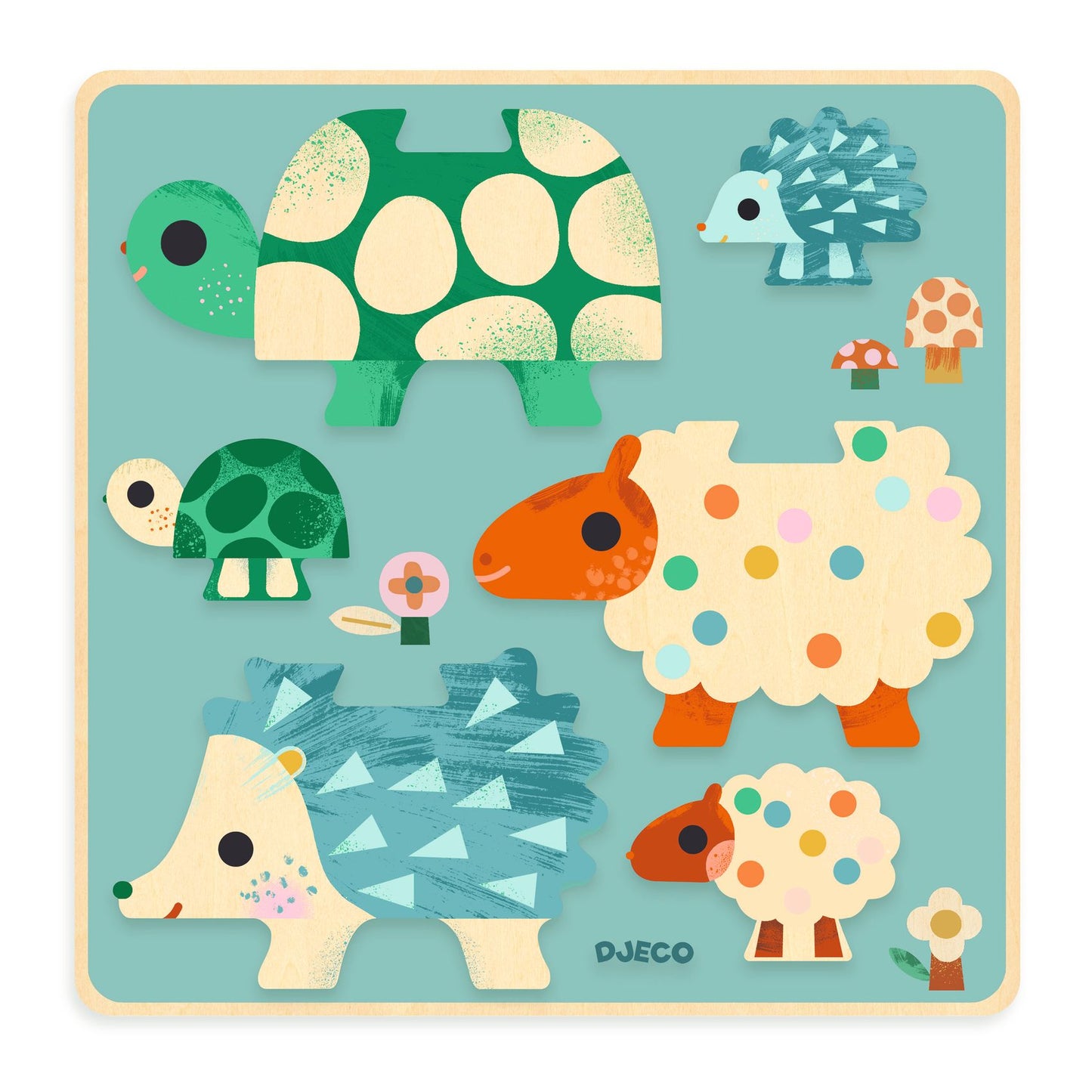 Plateau de jeu bleu comprenant trois duos de parents et bébés animaux en bois : des tortues, des moutons à pois et des hérissons.