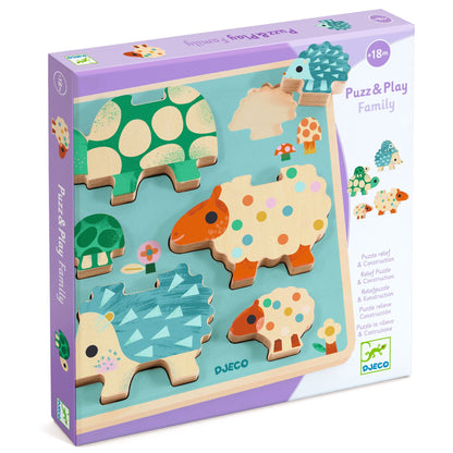 Boîte du puzzle en bois en relief Puzz & Play Family de Djeco pour les enfants dès 18 mois.
