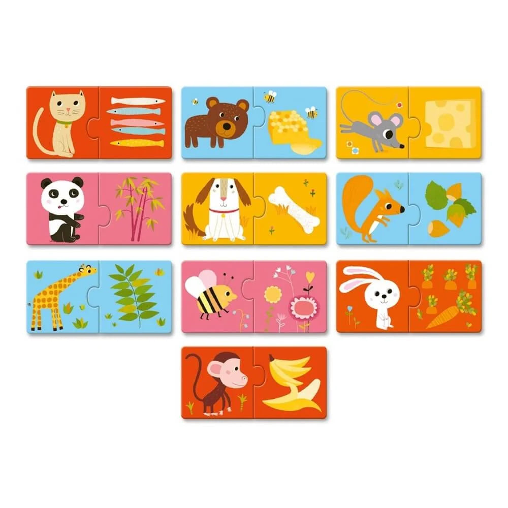 Ensemble des 10 mini-puzzles de 2 pièces Djeco associant chaque animal à sa nourriture favorite.