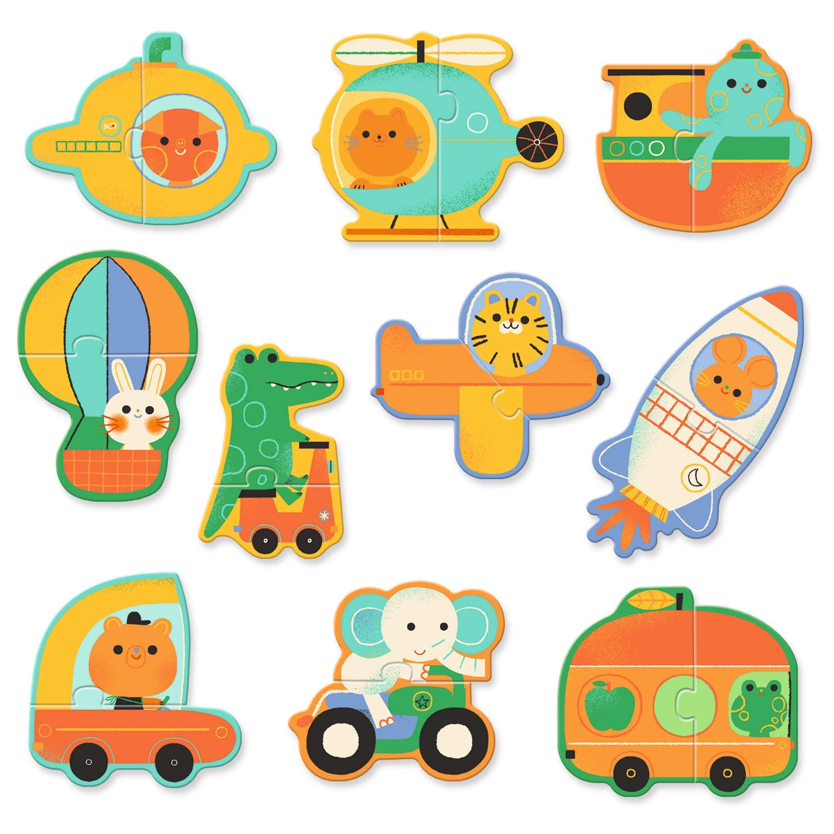 Ensemble des 10 mini-puzzles de 2 pièces Djeco montrant divers animaux rigolos aux commandes de leurs véhicules.