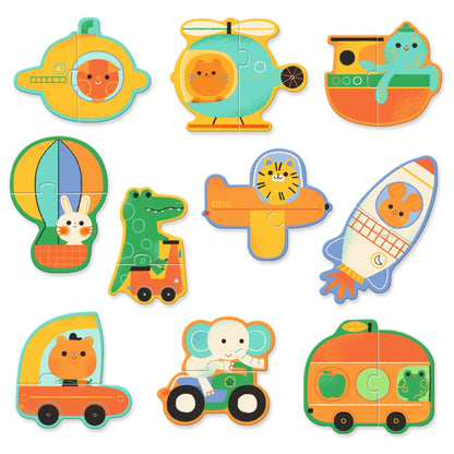 Ensemble des 10 mini-puzzles de 2 pièces Djeco montrant divers animaux rigolos aux commandes de leurs véhicules.