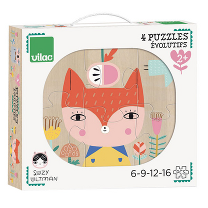 SET OF 4 "SUZY ULTMAN" WOODEN EVOLVING PUZZLES - 6, 9, 12, 16 PCS