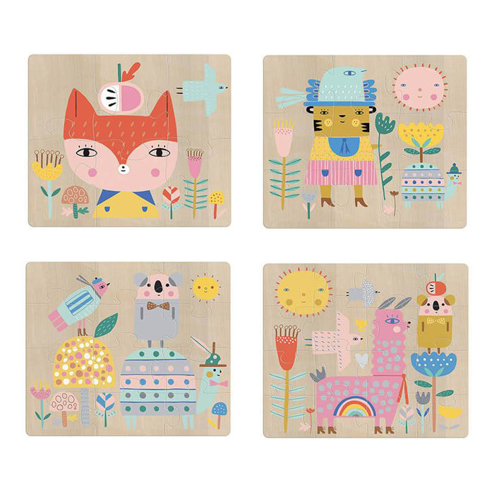 SET OF 4 "SUZY ULTMAN" WOODEN EVOLVING PUZZLES - 6, 9, 12, 16 PCS
