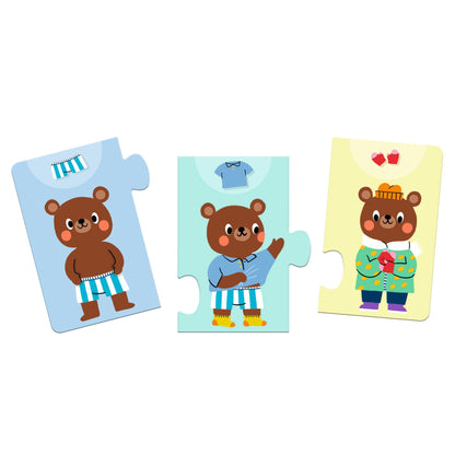 rois pièces de puzzle illustrées montrant l'ours à différentes étapes de son habillage : en caleçon, enfilant un chandail bleu, puis tout habillé avec un manteau vert.