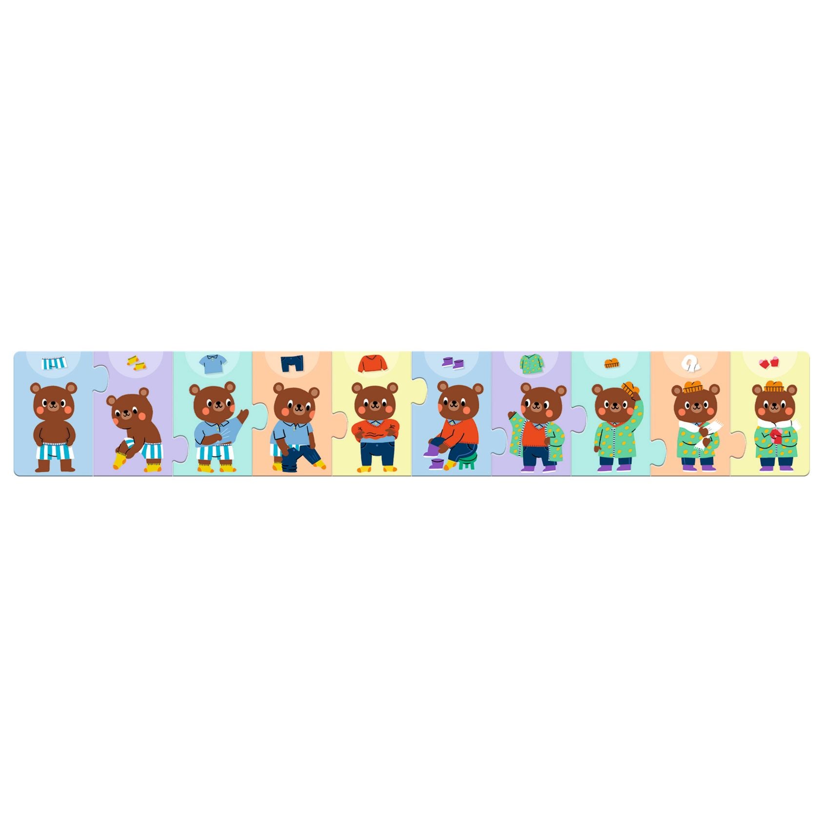 Frise chronologique complète du puzzle de 10 pièces assemblées représentant l'ours brun qui met ses vêtements et ses accessoires un à un.