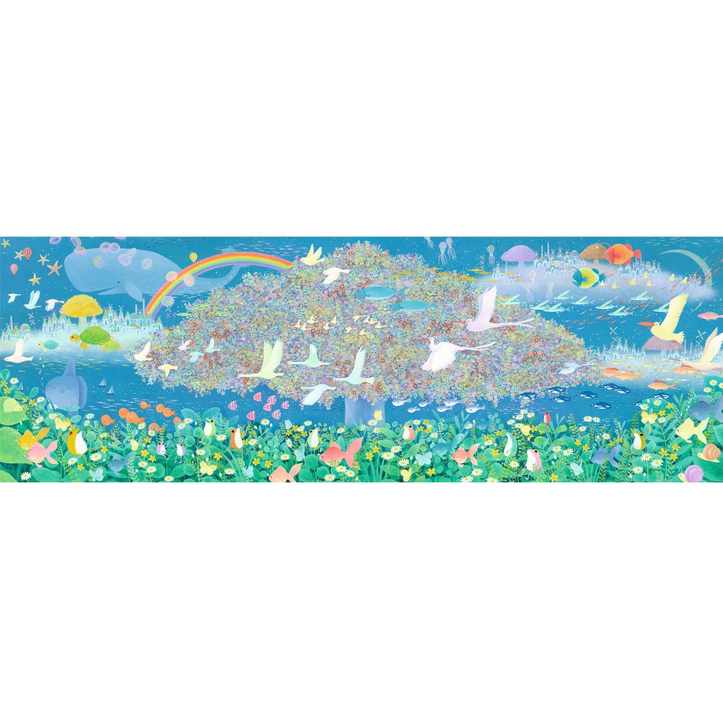 Illustration panoramique complète du puzzle Dreamy Dreams de Djeco représentant un arbre magique, un arc-en-ciel et des créatures fantastiques.