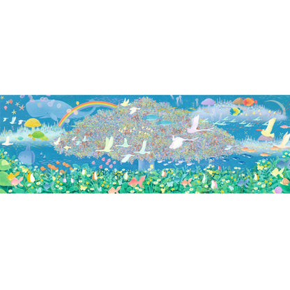 Illustration panoramique complète du puzzle Dreamy Dreams de Djeco représentant un arbre magique, un arc-en-ciel et des créatures fantastiques.
