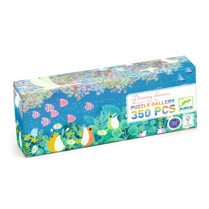 Boîte du puzzle panorama Dreamy Dreams 350 pièces de Djeco illustré de grenouilles, poissons et oiseaux.