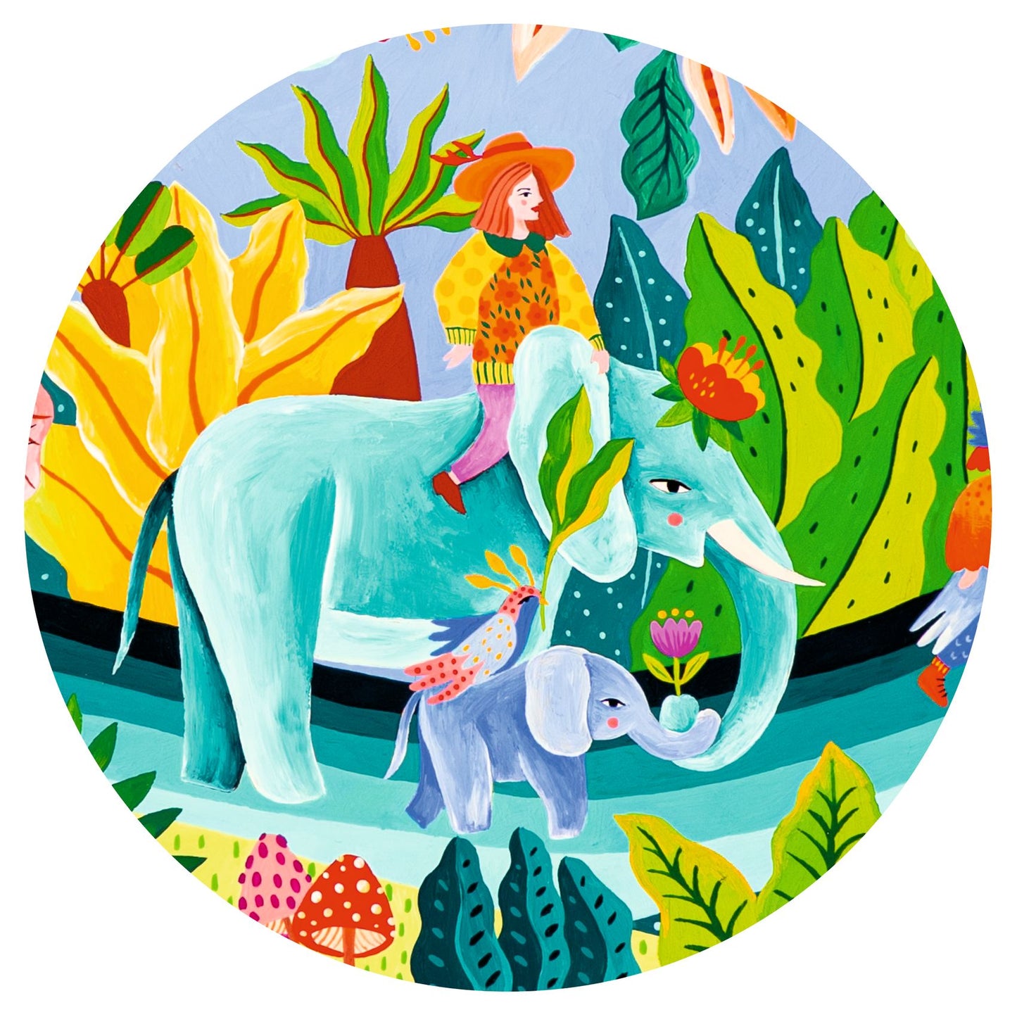 Zoom circulaire sur un détail de l'illustration avec un grand éléphant turquoise, son éléphanteau et un personnage au chapeau orange.