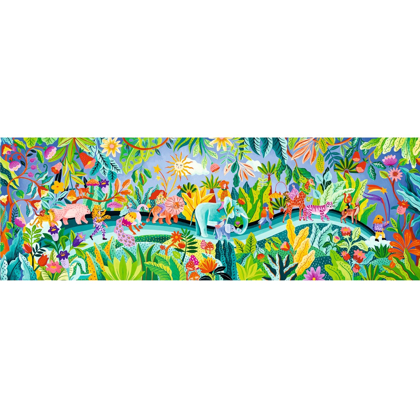 Illustration panoramique complète du puzzle La Fiesta montrant un défilé d'animaux fantastiques dans une jungle colorée.