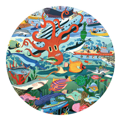 Zoom circulaire sur les détails de l'illustration marine avec un calmar géant orange entourant un navire, des poissons colorés et des requins.
