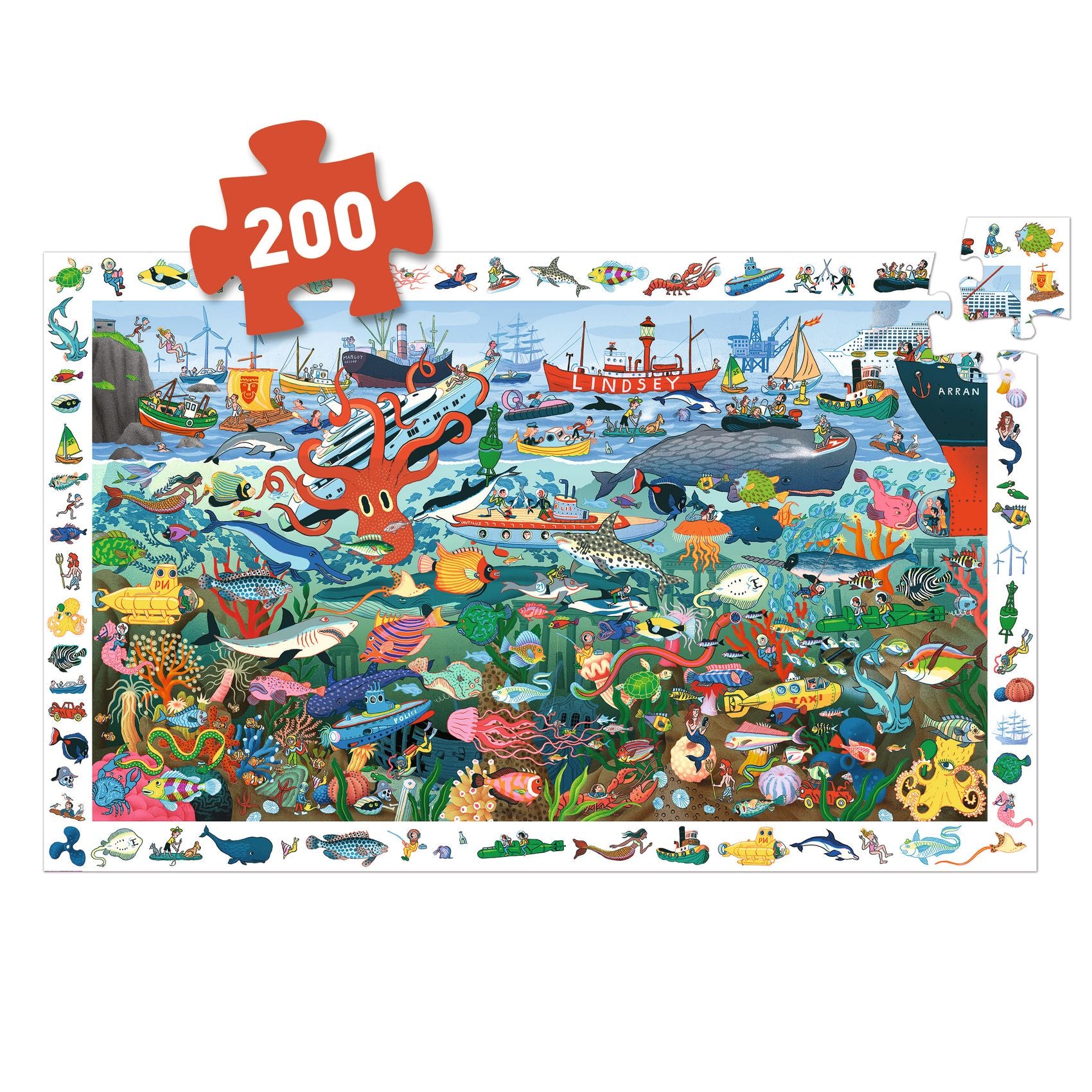 Illustration complète du puzzle terminé entourée d'une bordure blanche parsemée d'éléments marins à chercher et à trouver.