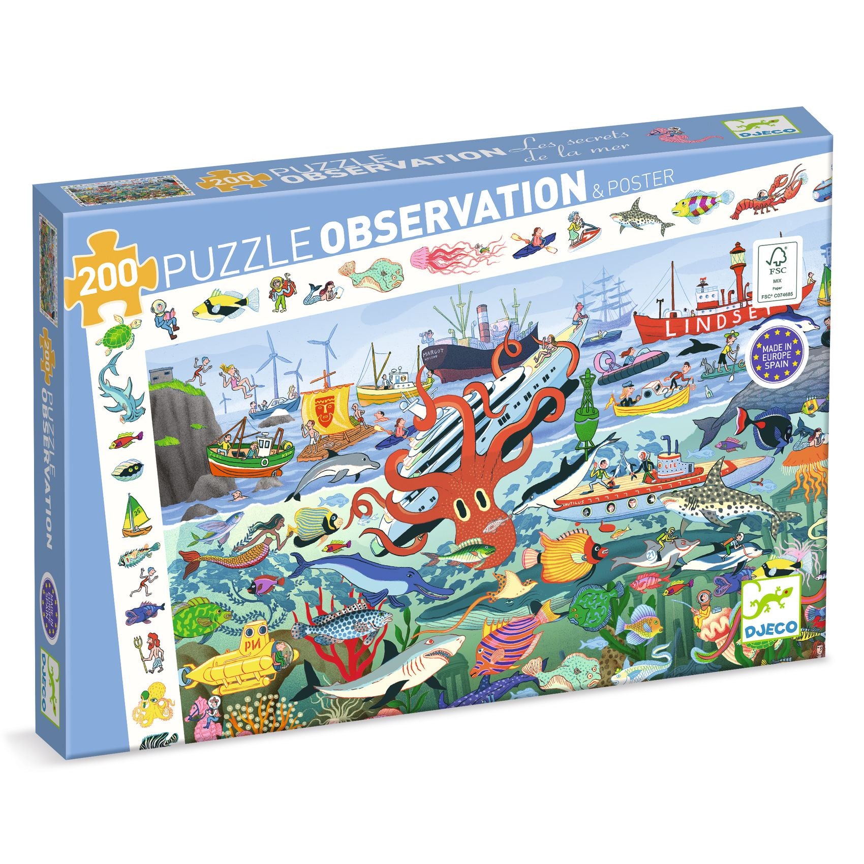 Boîte du puzzle d'observation de 200 pièces Les secrets de la mer de Djeco, incluant un poster.