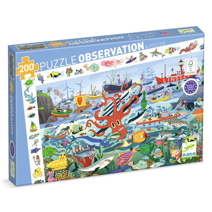 Boîte du puzzle d'observation de 200 pièces Les secrets de la mer de Djeco, incluant un poster.