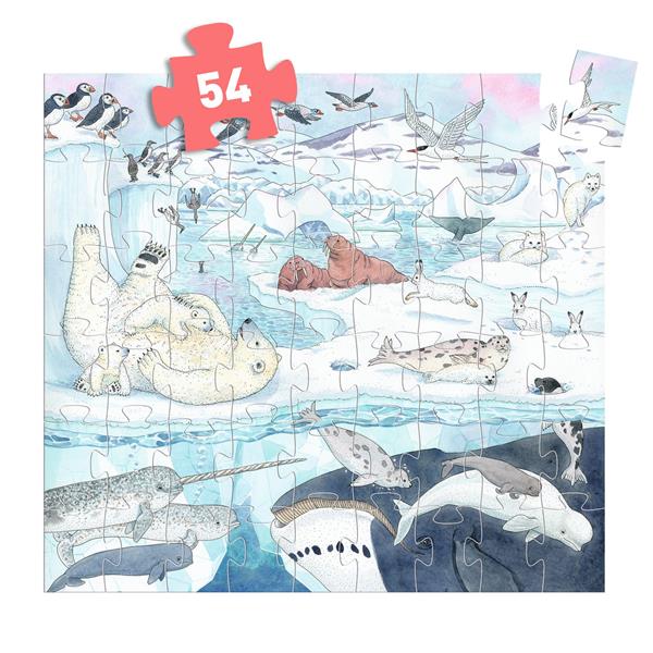 Puzzle 54 pièces "Douceur polaire" de Djeco assemblé, illustrant la faune de l'Arctique sur et sous la glace avec ours polaires, narvals et baleines.