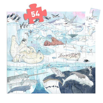 Puzzle 54 pièces "Douceur polaire" de Djeco assemblé, illustrant la faune de l'Arctique sur et sous la glace avec ours polaires, narvals et baleines.