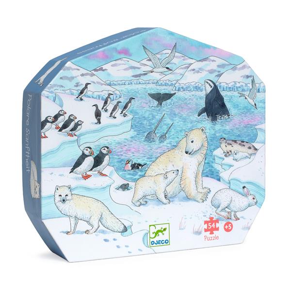 Boîte silhouette octogonale du puzzle 54 pièces "Douceur polaire" de Djeco, illustrée d'un ours polaire et d'animaux de la banquise.