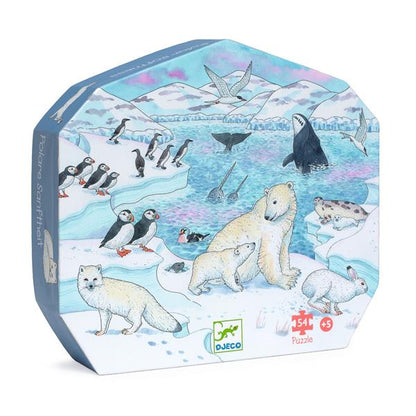 Boîte silhouette octogonale du puzzle 54 pièces "Douceur polaire" de Djeco, illustrée d'un ours polaire et d'animaux de la banquise.