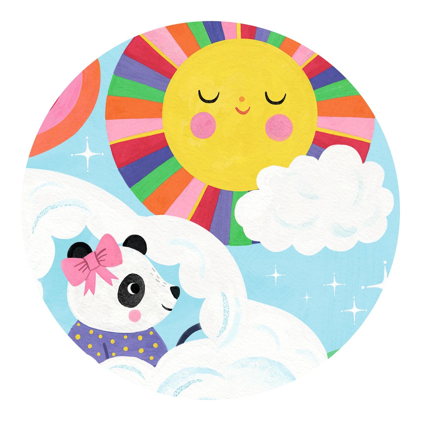 Gros plan circulaire sur les détails du puzzle mettant en scène un grand soleil souriant et une petite panda avec un nœud rose.