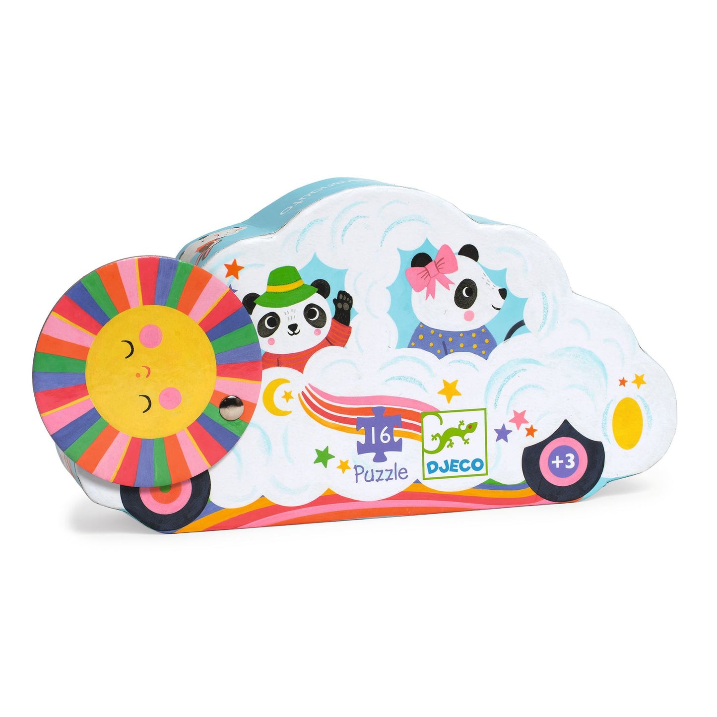 Boîte silhouette en forme de voiture-nuage du puzzle de 16 pièces de Djeco, illustrée avec deux adorables pandas.