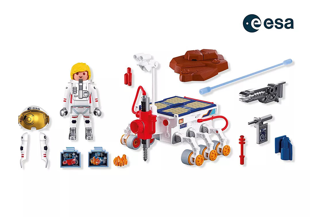 Contenu complet du coffret Playmobil 72012 Rover d'exploration sur Mars de l'ESA comprenant une figurine d'astronaute, le véhicule avec foreuse, un rocher et des accessoires scientifiques.