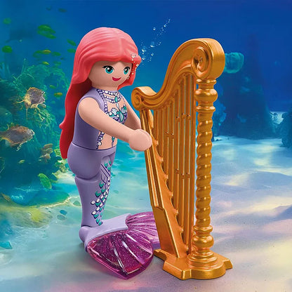 Figurine de sirène aux cheveux roses jouant de la harpe dorée sous l'eau dans le set Playmobil Fantasy & Magic 72107.