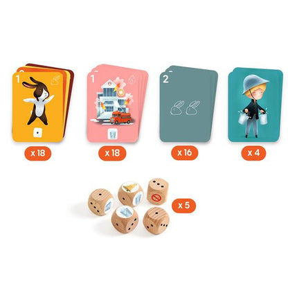 Vue d'ensemble du matériel du jeu coopératif SOS Mission de Djeco comprenant les cartes personnages, bâtiments, animaux et pompiers ainsi que les 5 dés en bois.