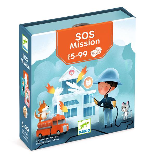Boîte du jeu de cartes coopératif SOS Mission de la marque Djeco pour les enfants de 5 à 99 ans, illustrée d'un pompier éteignant un incendie dans une maison aux côtés d'un camion rouge et de petits animaux.