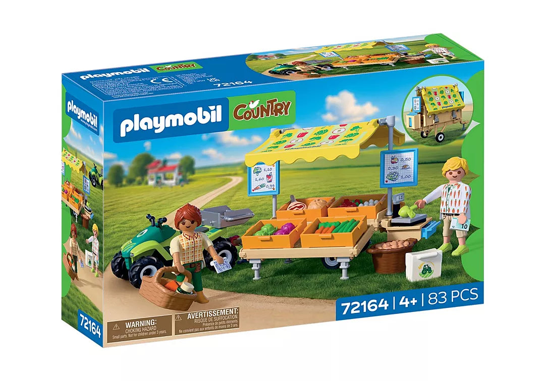 Boîte du coffret Playmobil Country 72164 Stand de légumes au marché et quad, contenant 83 pièces pour les enfants de 4 ans et plus.