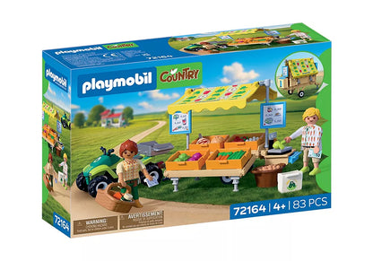 Boîte du coffret Playmobil Country 72164 Stand de légumes au marché et quad, contenant 83 pièces pour les enfants de 4 ans et plus.