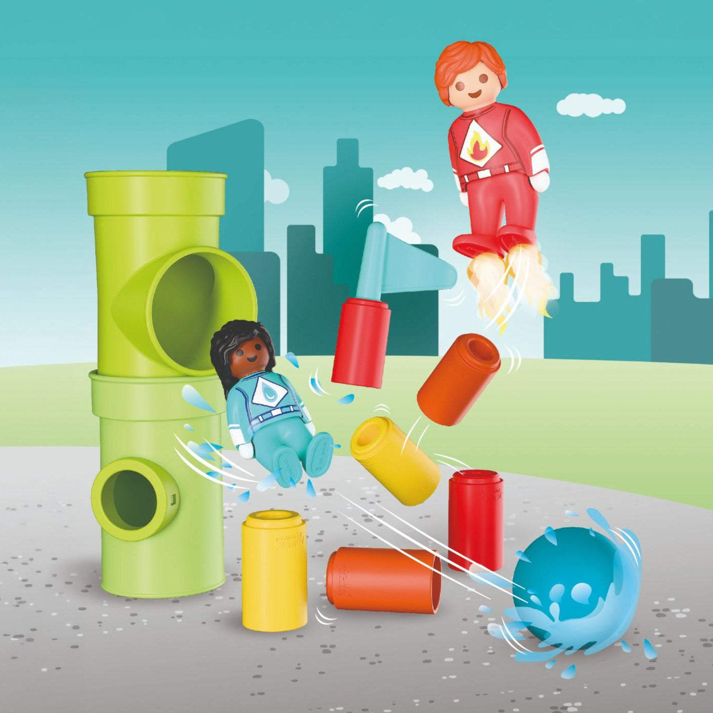 Coffret Playmobil Junior 72085 Super-Héros en action avec accessoires de jeu.