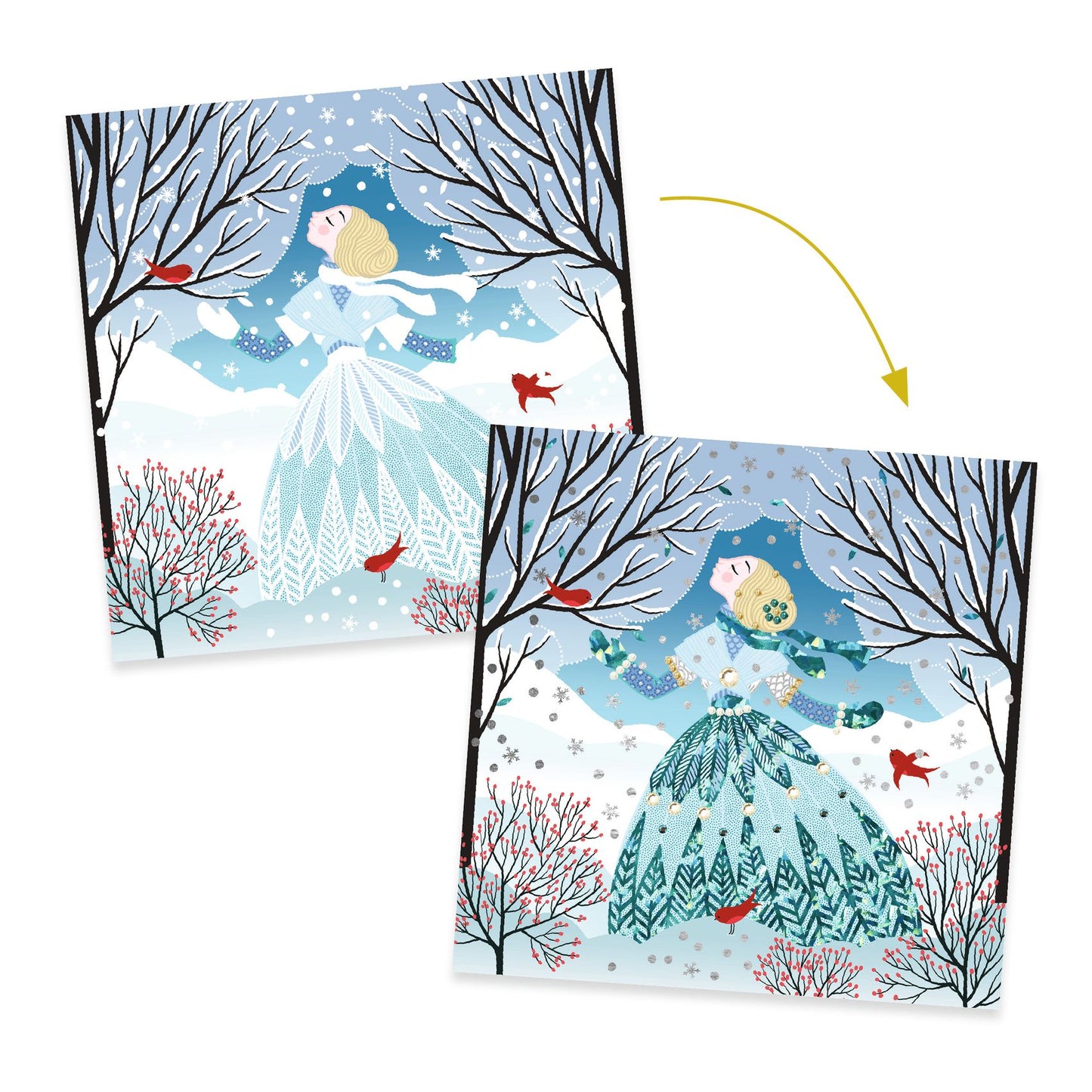 Illustration d'une princesse d'hiver avant et après l'application des feuilles métallisées et des strass autocollants Djeco.