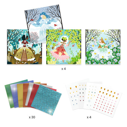Contenu du coffret Djeco comprenant 4 tableaux des saisons, 30 feuilles métallisées brillantes et 4 planches de strass.