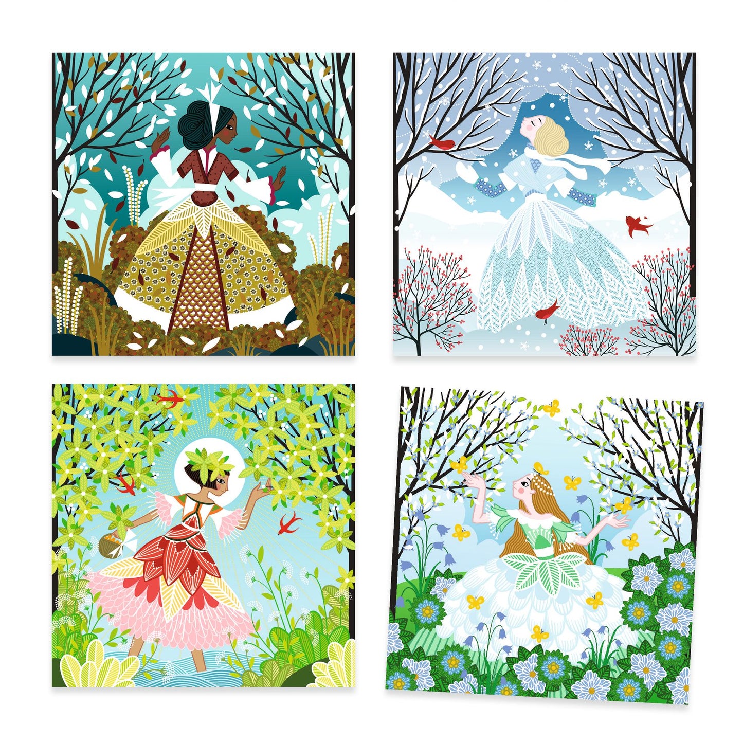 Les 4 tableaux à décorer représentant des princesses élégantes au fil des saisons : automne, hiver, été et printemps.