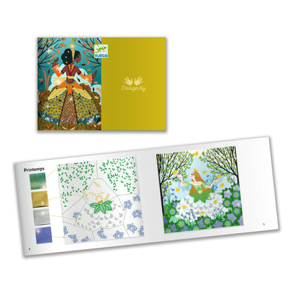 Livret d'instructions pas à pas inclus dans le coffret créatif Métal et strass de Djeco montrant la réalisation du tableau de printemps.