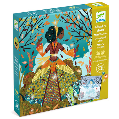 Boîte du coffret Métal et strass Robes couleurs du temps de Djeco pour enfants de 5 à 8 ans illustré par Charlotte Gastaut.