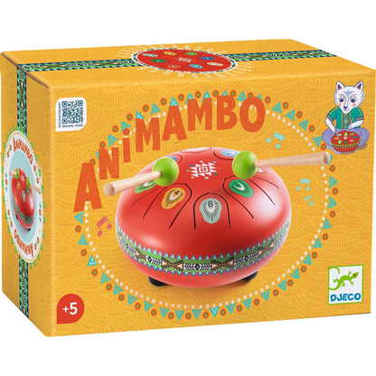 Boîte d'emballage du tambour à languettes rouge de la gamme Animambo par Djeco, instrument de musique d'éveil pour les enfants dès 5 ans.